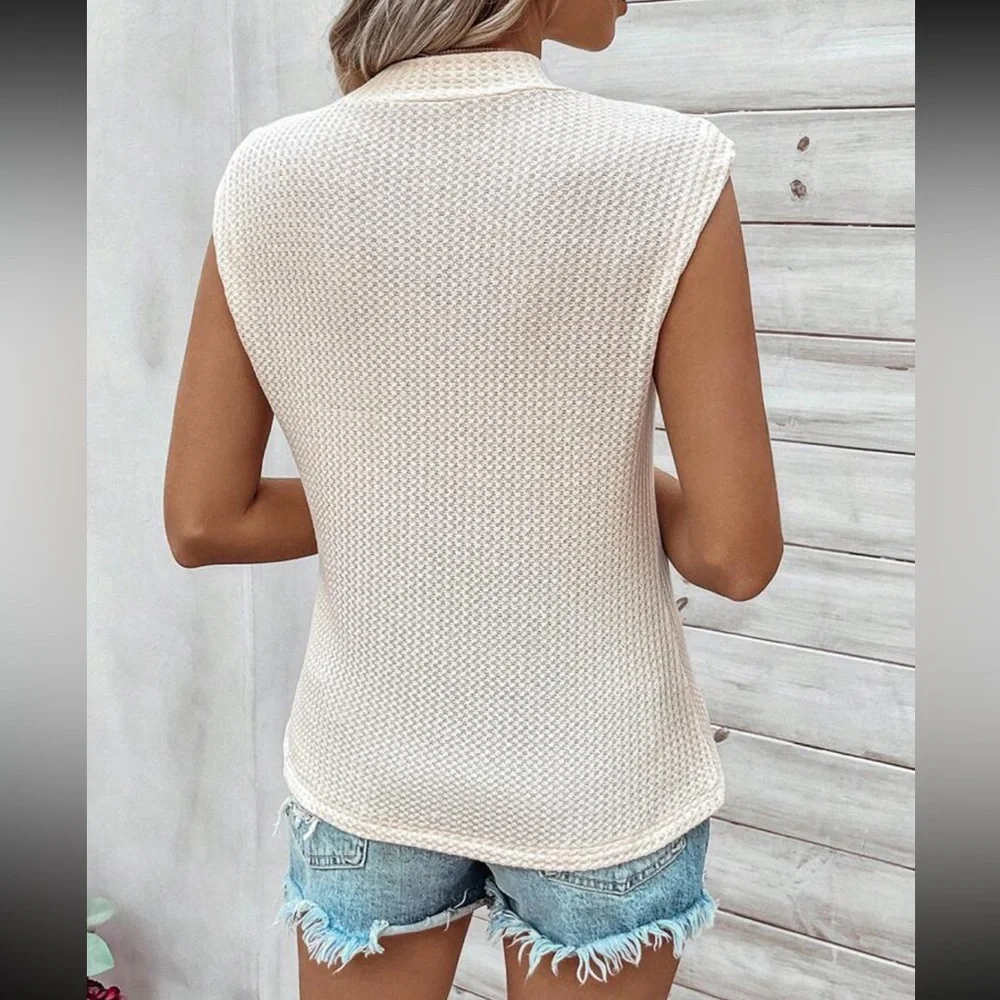 Classic Waffle Mock Cowl Neck Cap Sleeve Work Office Casual Top Blouse Shirt - Picture 3 of 16